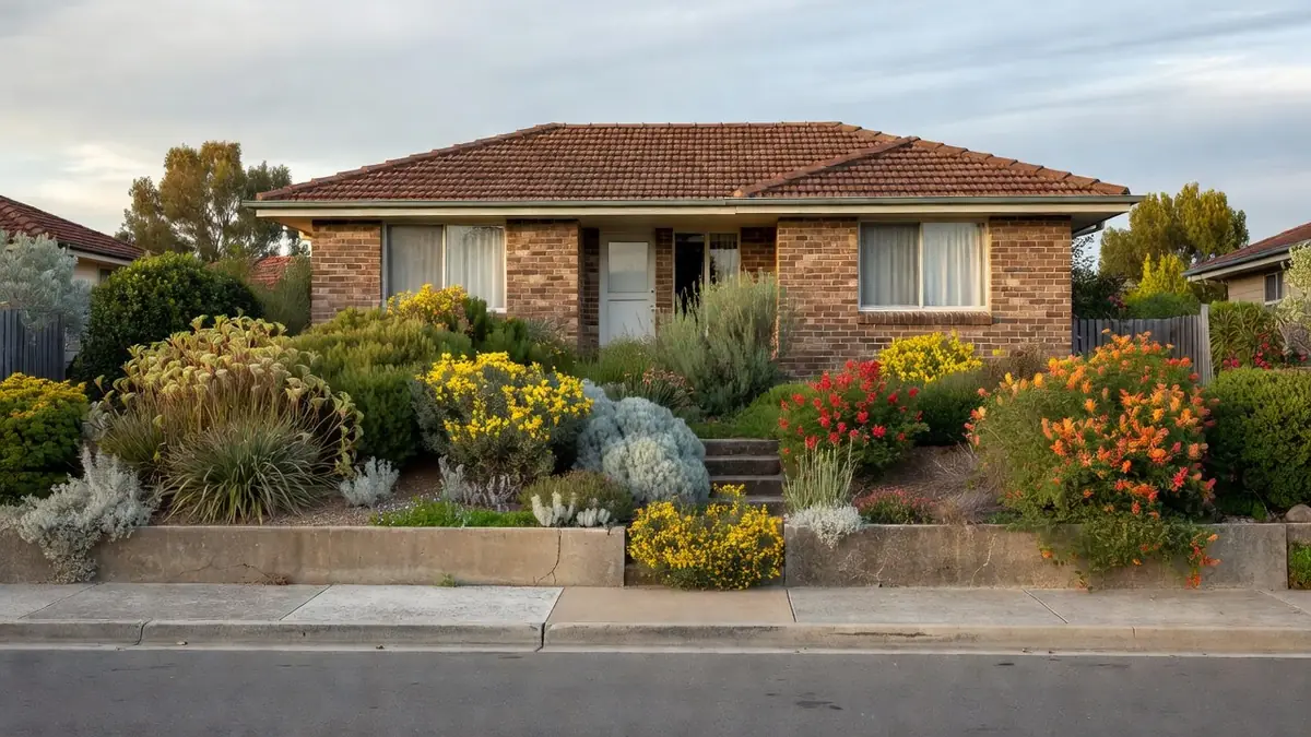 A brick-veneer house with a tiled roof and a terraced front garden of native shrubs