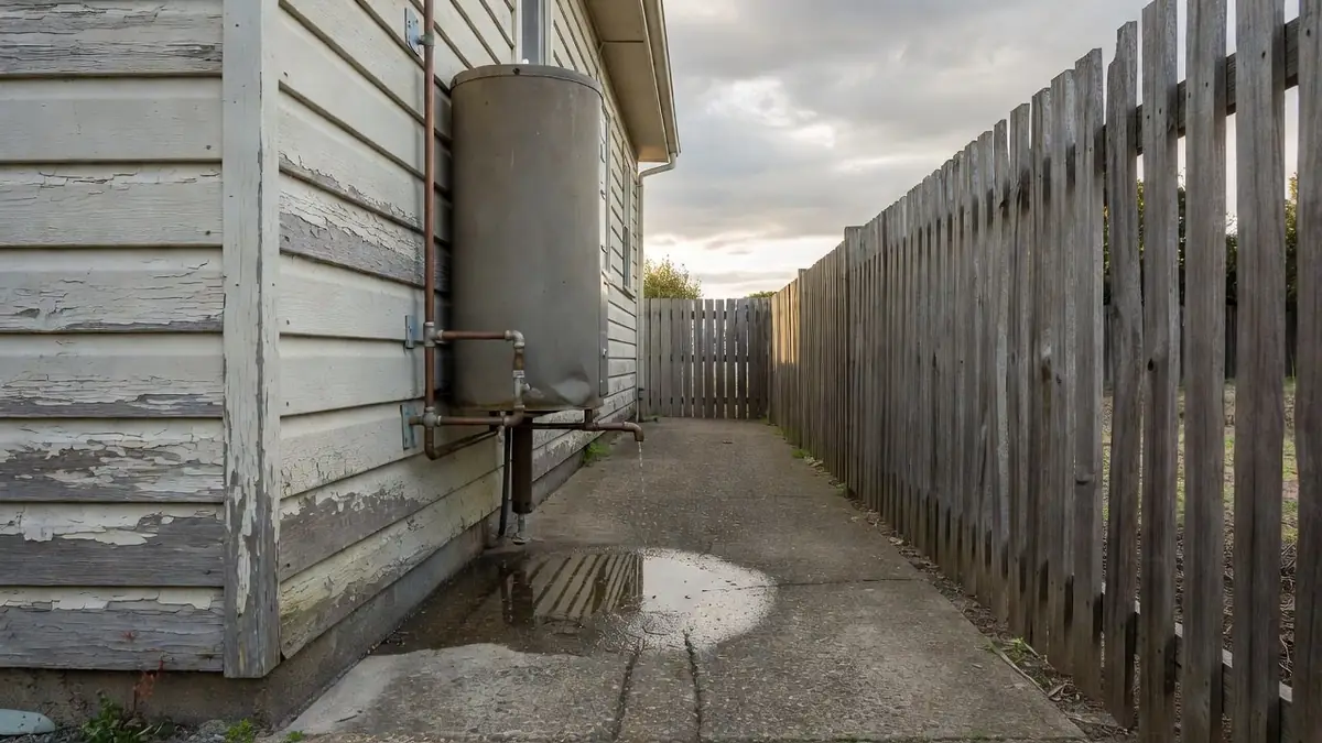 An outdoor storage hot water unit on a weatherboard house, with water dripping from the relief-valve drain line onto the path