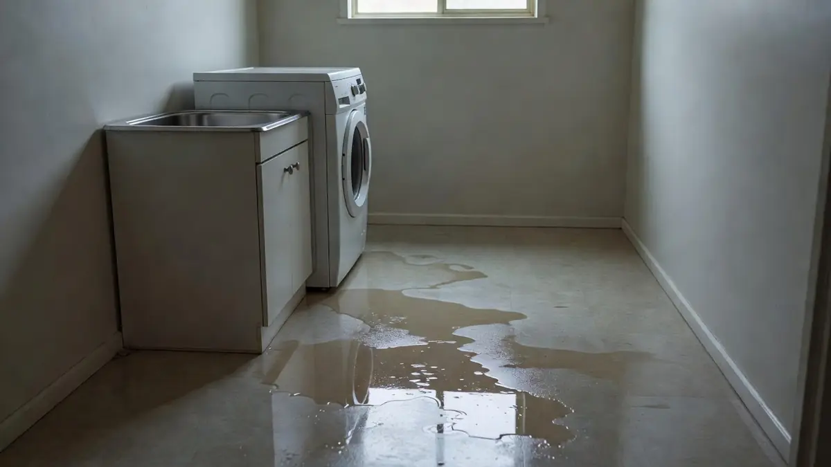 A laundry floor under a sheet of water spreading from behind the washing machine