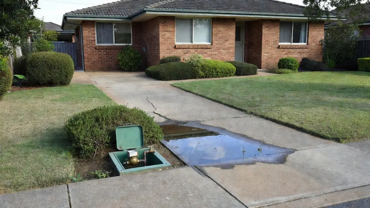 An open water meter box beside the driveway of a brick-veneer home, with water pooling on the concrete