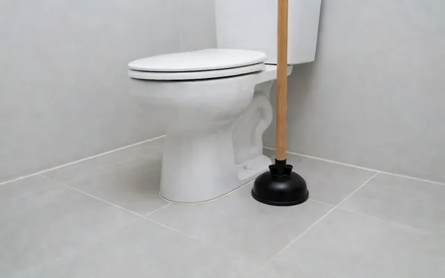 A toilet with a flange plunger beside it