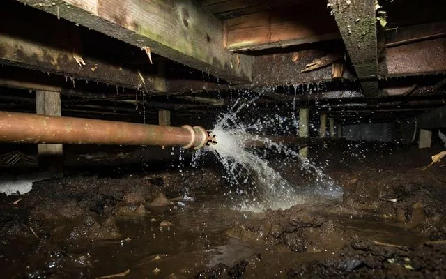 A split copper pipe spraying water under a house