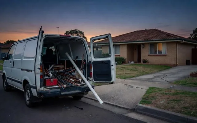 A plumber's van outside a suburban home at dusk