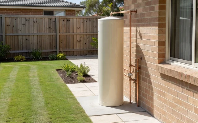 An ageing hot water cylinder outside a brick house