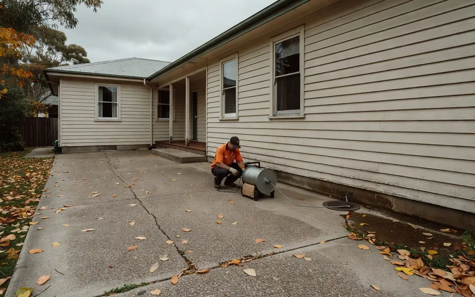 A plumber crouched beside a drum drain-cleaning machine on a concrete driveway, its cable running to a gully grate beside a weatherboard house