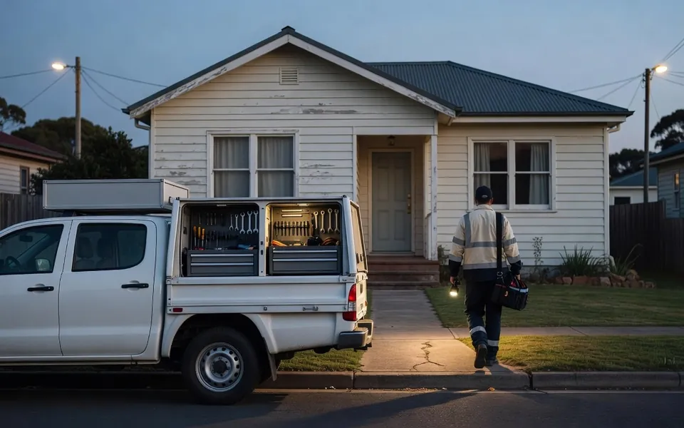 A plumber in hi-vis walking up the front path of a weatherboard house at dusk, carrying a torch and toolbag, with a white ute and open toolbox canopy at the kerb