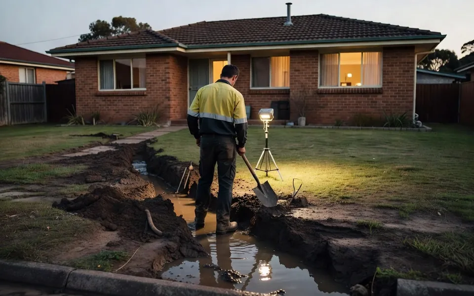 A plumber in hi-vis standing in a water-filled trench dug across the front lawn of a brick-veneer house at dusk, with a shovel and a work light